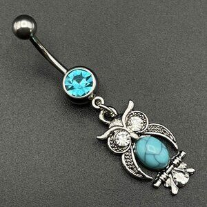 316L Stainless Steel with Aquamarine and Diamond Cubic Zirconia Owl Belly Ring